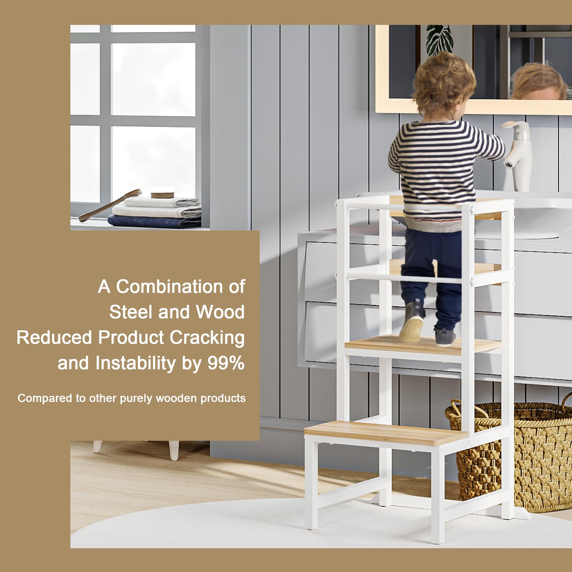 Taburete de cocina para niños pequeños, torre de altura ajustable con riel de seguridad, taburete de cocina de acero y madera para niños, taburete de cocina para niños, torre de aprendizaje, taburete