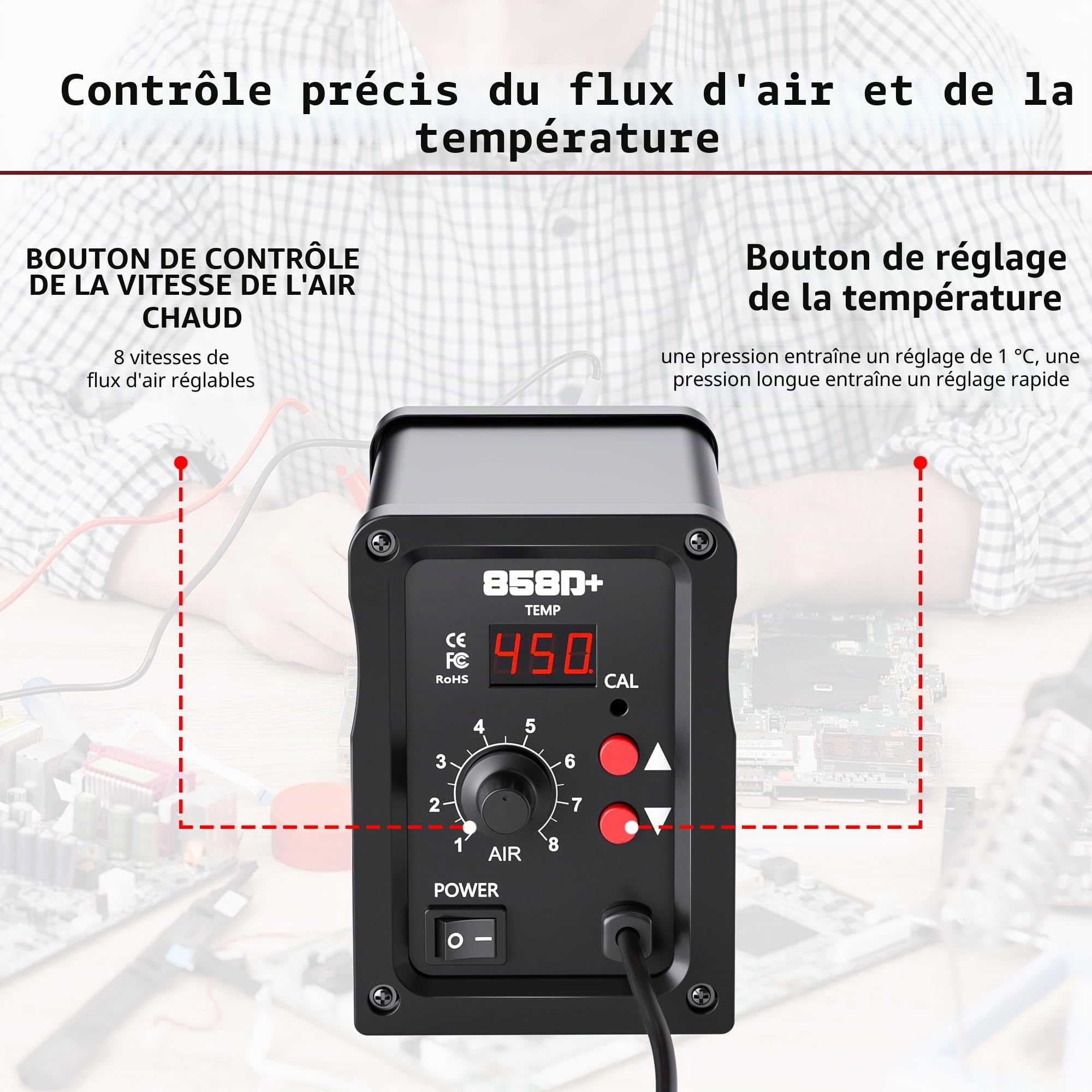 Station de Soudage à Air Chaud 700 W, Station De Soudage à Air Chaud 858D Avec Écran LED, 3 Buses, Température Réglable De 100 à 450 °C, Station De Dessoudage SMD Pour Bricolage, Réparations