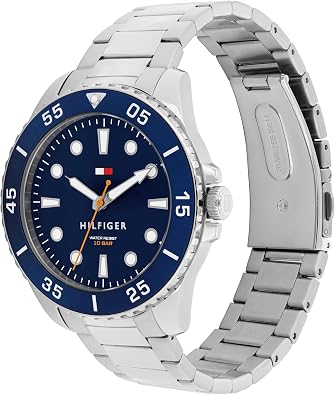 Tommy Hilfiger Men's Bold Dive-Inspired Watch 3H Quartz Movement, Stainless Steel and Aluminum Case, Aluminum Sport Bezel, Link Bracelet Adventure-Ready Gift for Him