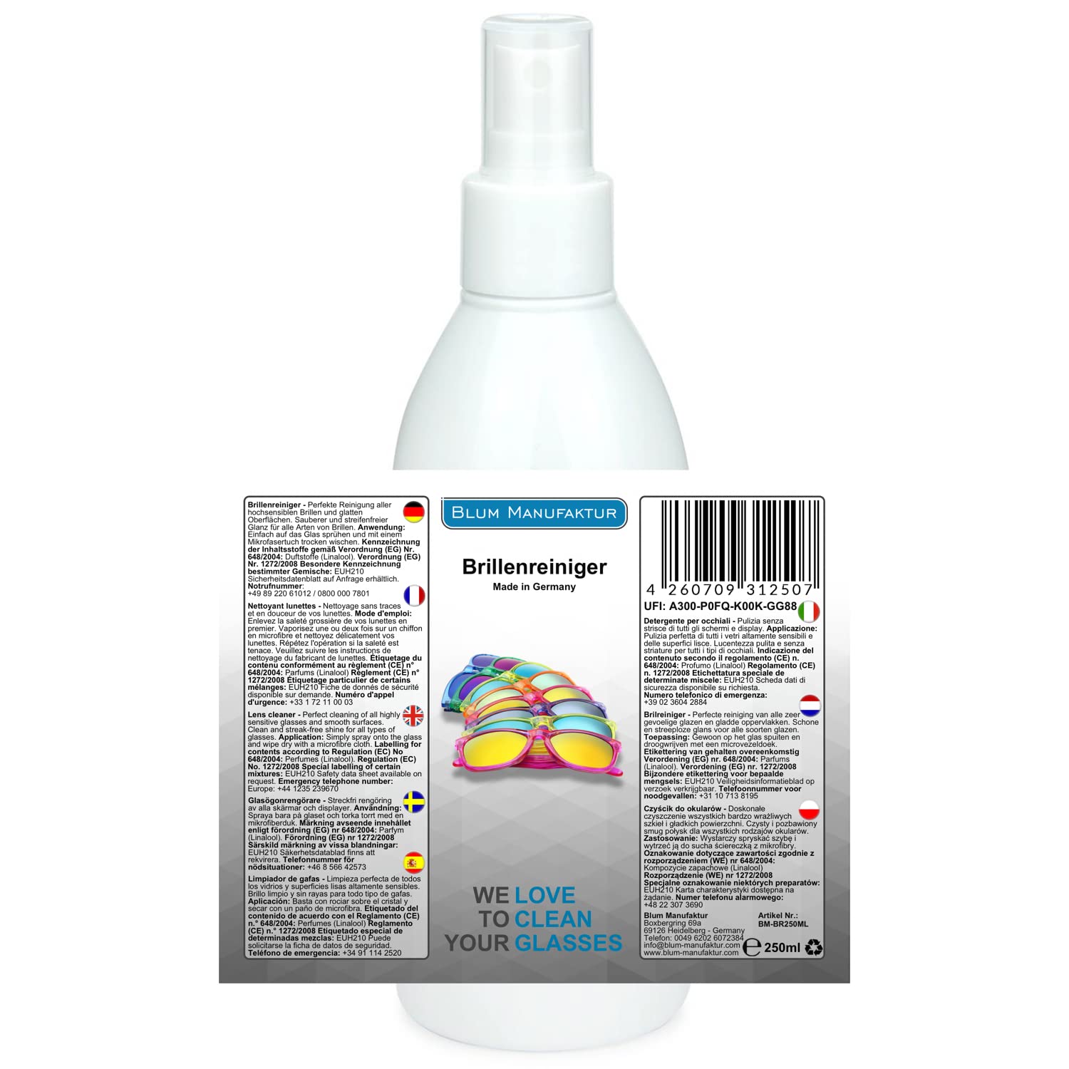 Blum Manufaktur - 250 ml Środek do czyszczenia okularów - - w zestawie ściereczka z mikrofibry 30 x 30 cm - wysokiej jakości spray do czyszczenia okularów - Made in Germany
