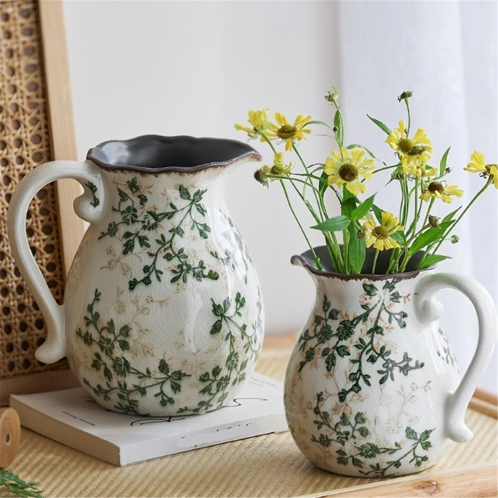 Jarrón Decorativo Esmalte craquelado cerámico con Estampado Floral Verde, jarrón de Jarra Decorativa Centro Mesa Mango para Decorar el hogar(Pequeño)