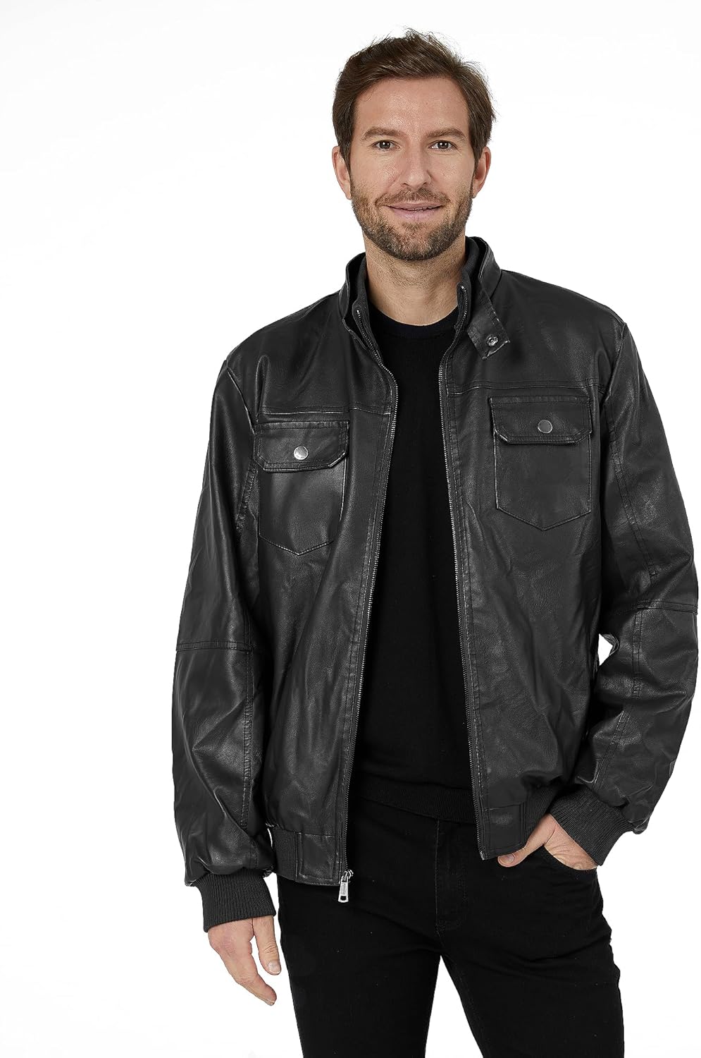 wantdo Men's Faux Leather Jacket Windproof Motorcycle Bomber Jacket Slim Fit Winter Coat with Removable Hood - Image 2