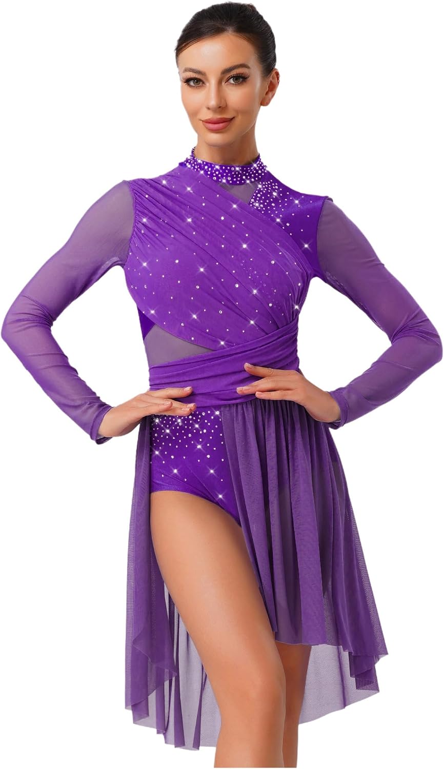Women's Lyrical Dance Costume Rhinestone Long Sleeve Skirted Leotard Figure Ice Skating Dress