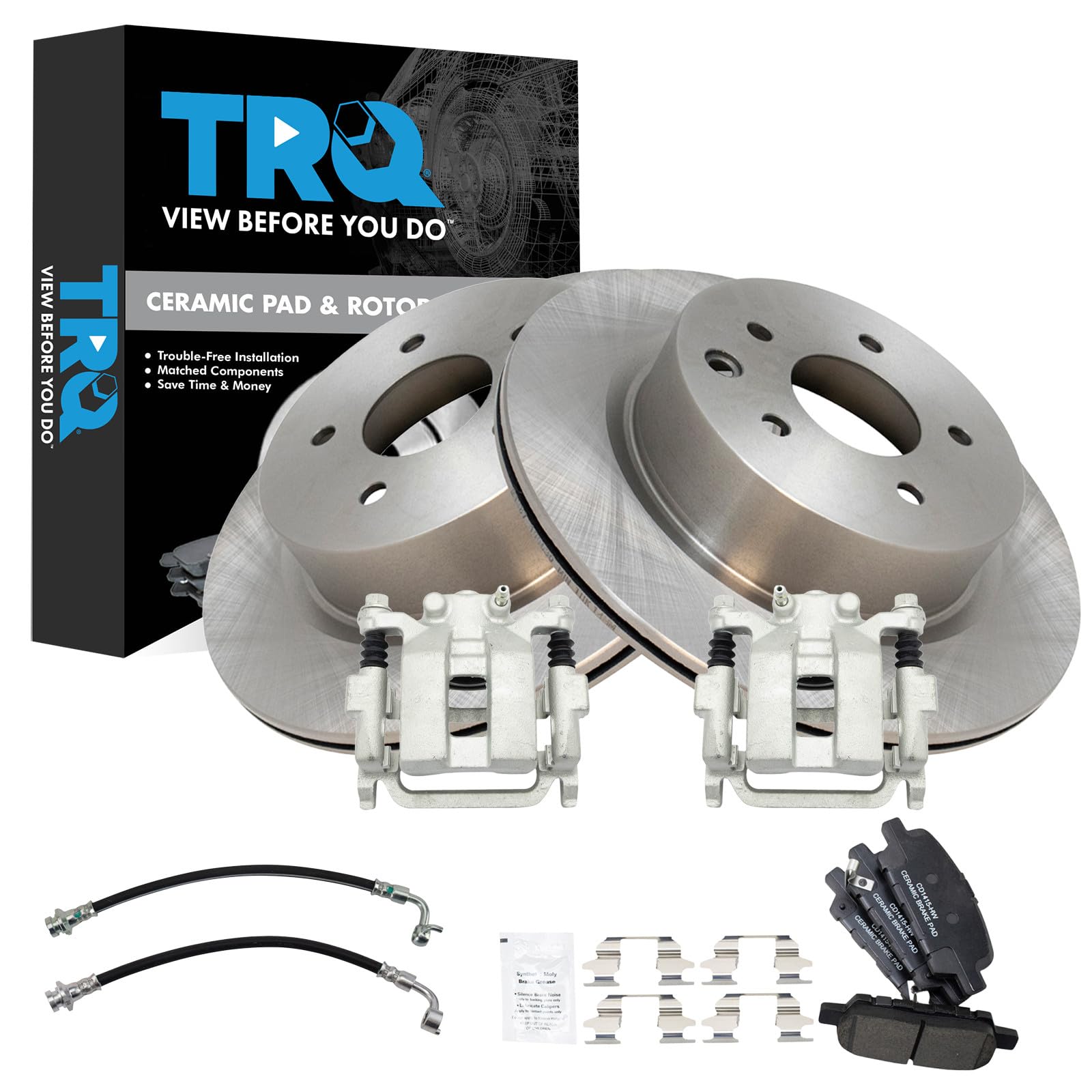 TRQ Rear Brake Pad and Rotor Set Ceramic Calipers Compatible with 2005-2007 Infiniti G35 2007-2008 Nissan 350Z