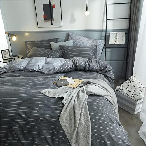 Miniatura 3 de LifeTB Juego de funda de edredón de algodón a rayas, tamaño matrimonial, diseño geométrico de rayas grises, estilo moderno, funda de edredón