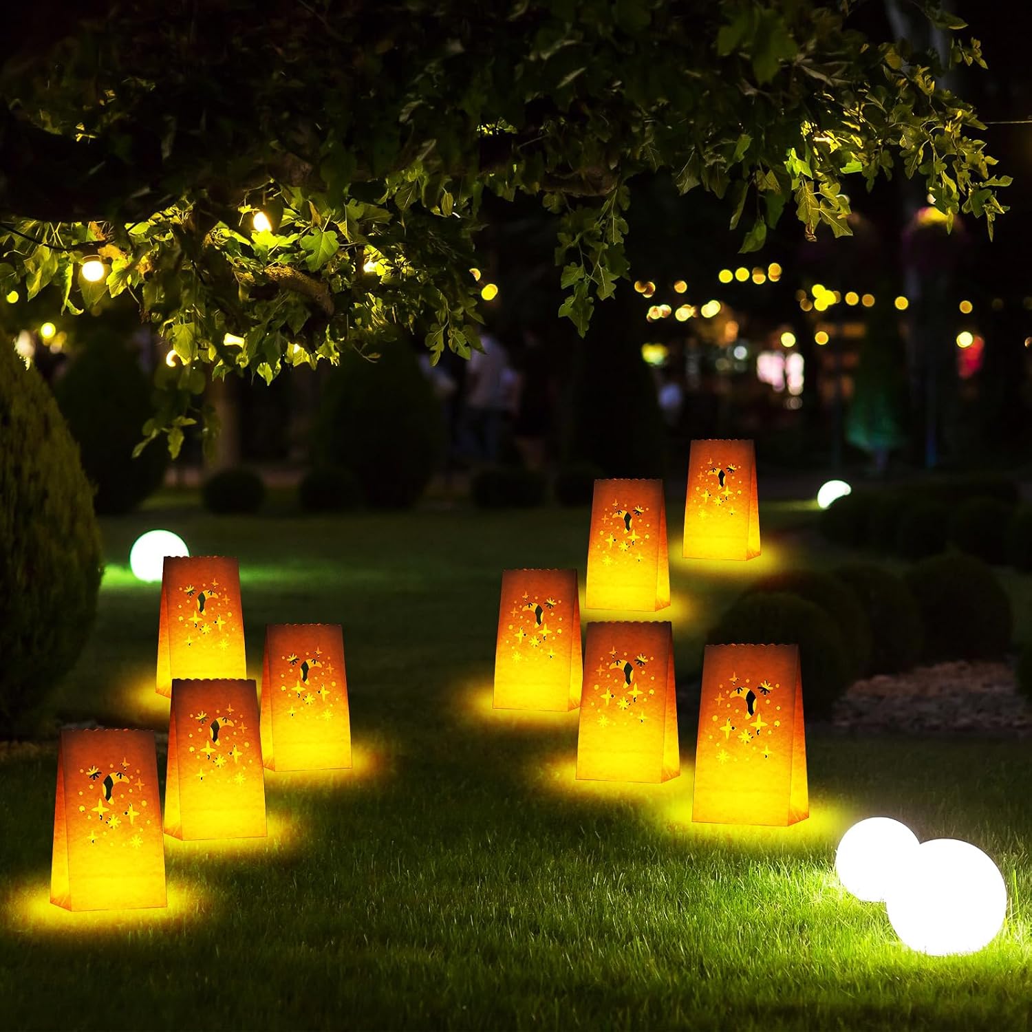 Crtiin 50 Pcs uminaries Bag with Candles Include Flameless LED Tea Lights LED Candles and Luminary Bags for Christmas Thanksgiving Halloween Wedding Festival Party (Moon Star)