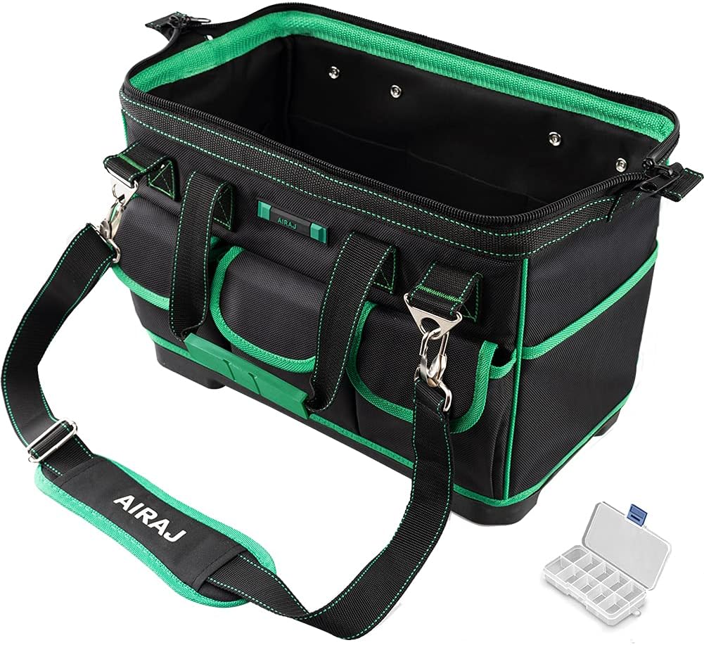 AIRAJ18-Inch Tool Bag,Professional Tool Bag with Water Proof Molded Base, 16 Pockets with Outer & Inner,Removeable/Adjustable Shoulder Strap, Bag for Hand/Power Tools