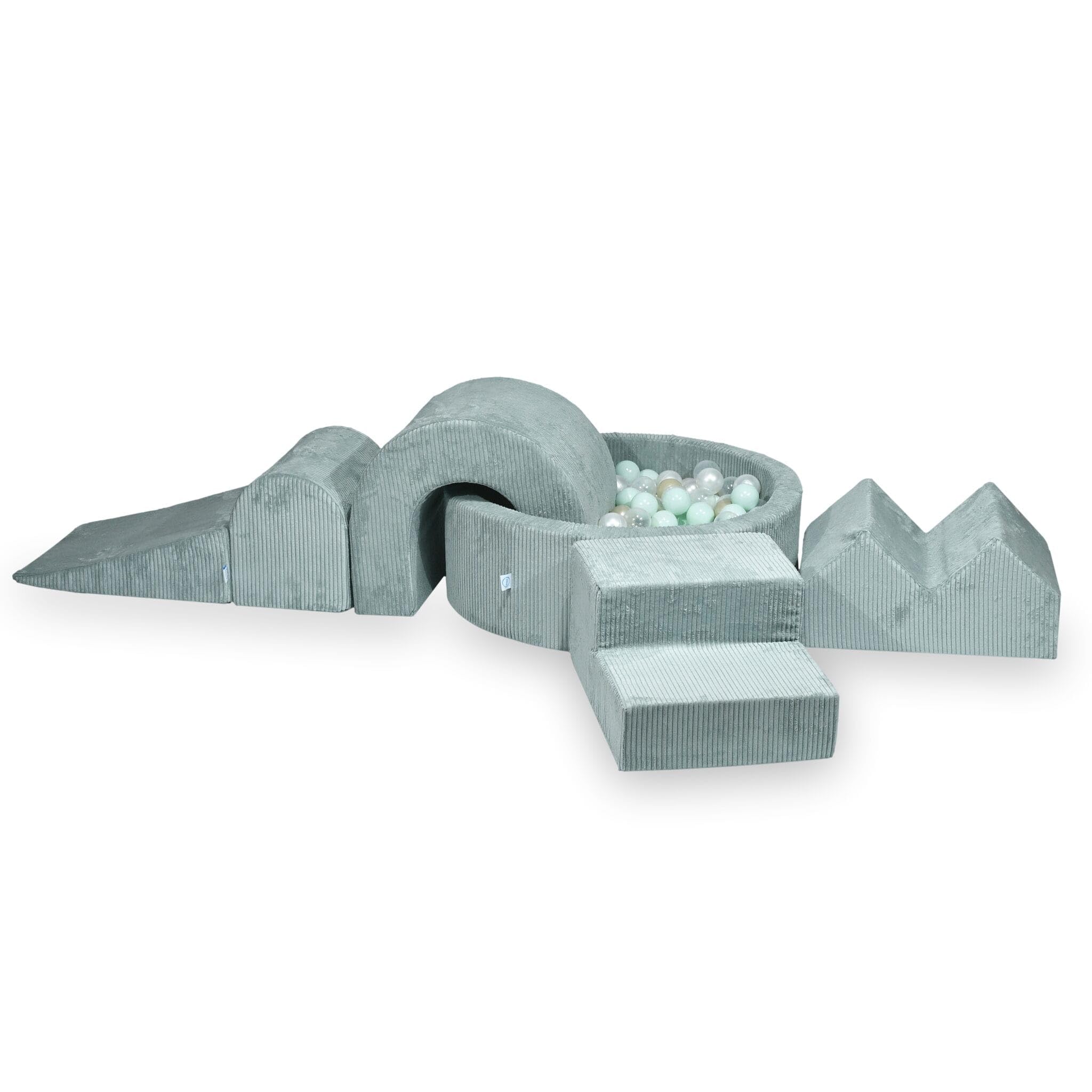 Mimii Parco giochi in schiuma con piscina di palline rotonda, 90 x 30 cm, corduroy, menta chiaro, 5 elementi, giocattolo da arrampicata, per bambini e neonati, con 200 palline: trasparente/perla/menta