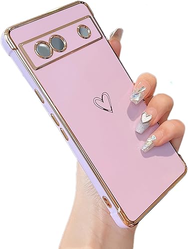 ZTOFERA Funda diseñada para Google Pixel 7a, bonito patrón de corazones de amor con borde chapado y protección de lente de cámara, para Google Pixel