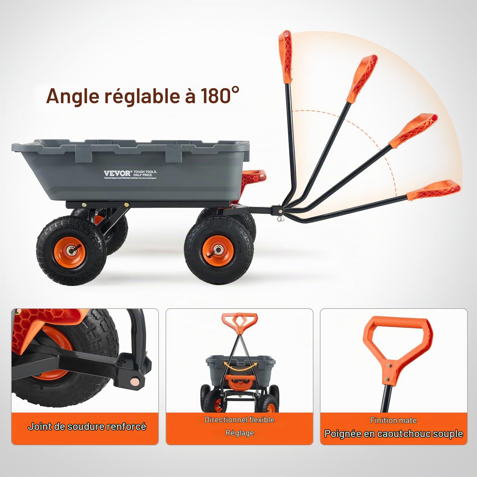 VEVOR Chariot à Benne basculante, capacité de Charge 363 kg​, Chariot de Jardin en polyéthylène Robuste avec Cadre en Acier, poignée Convertible 2 en 1, Roues 255 mm, brouette Utilitaire pour pelouse
