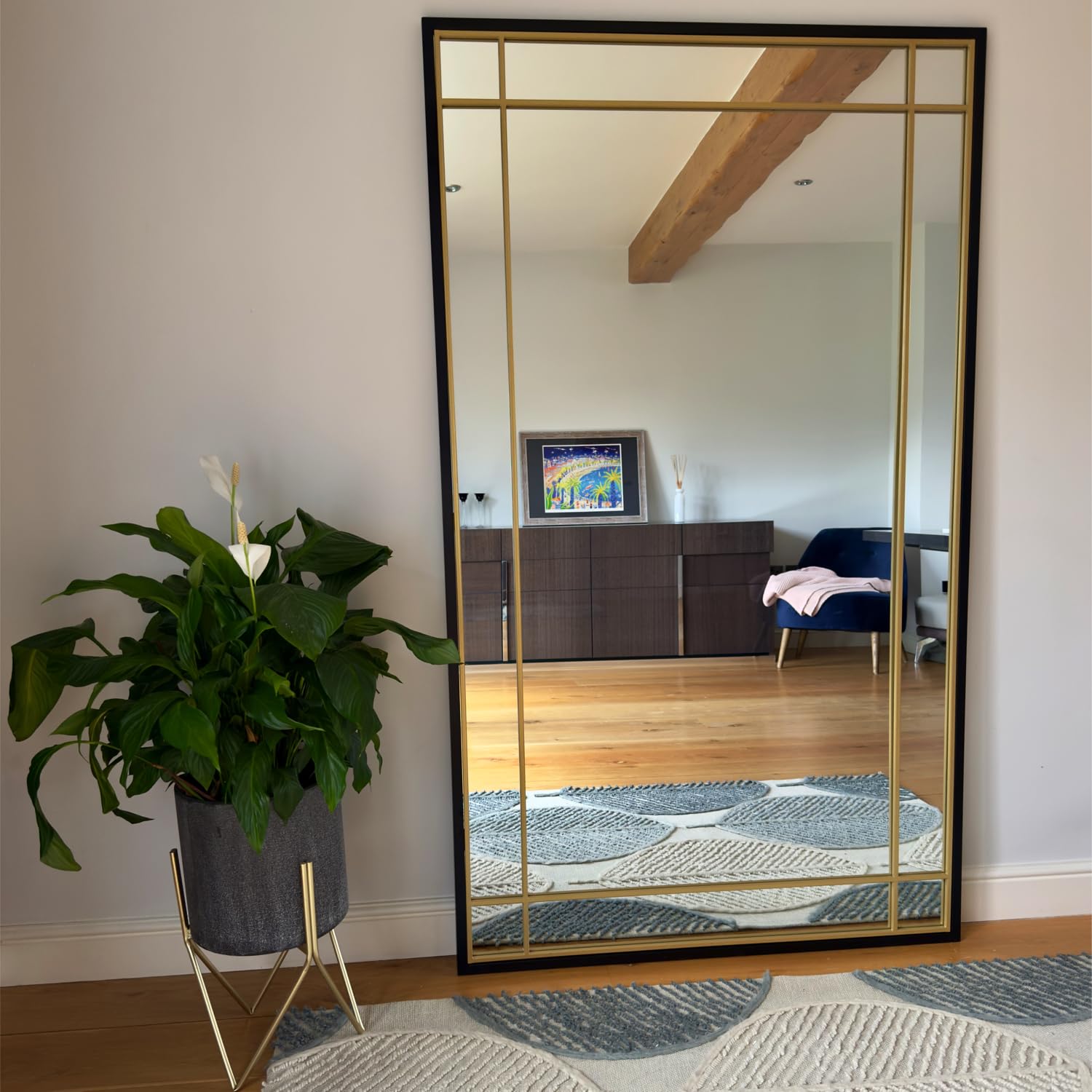 Jobu Aimi - Black & Gold | Full Length Black & Gold Metal Window Mirror – 180Cm X 105Cm Large Rectangular Wall Mirror, Industrial Leaner Or Hanging Statement Mirror For Bedroom, Hallway Or Living Room | Aimi