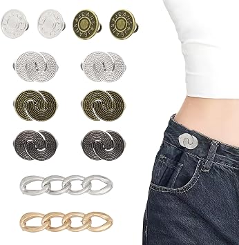 Frutain 12 Sets Pant Waist Tightener No Sew Button Replacement, Reusable Waist Cincher Clip Adjustable Jean Button Waistband Tightener Metal Brooch for Clothing Dresses Skirts