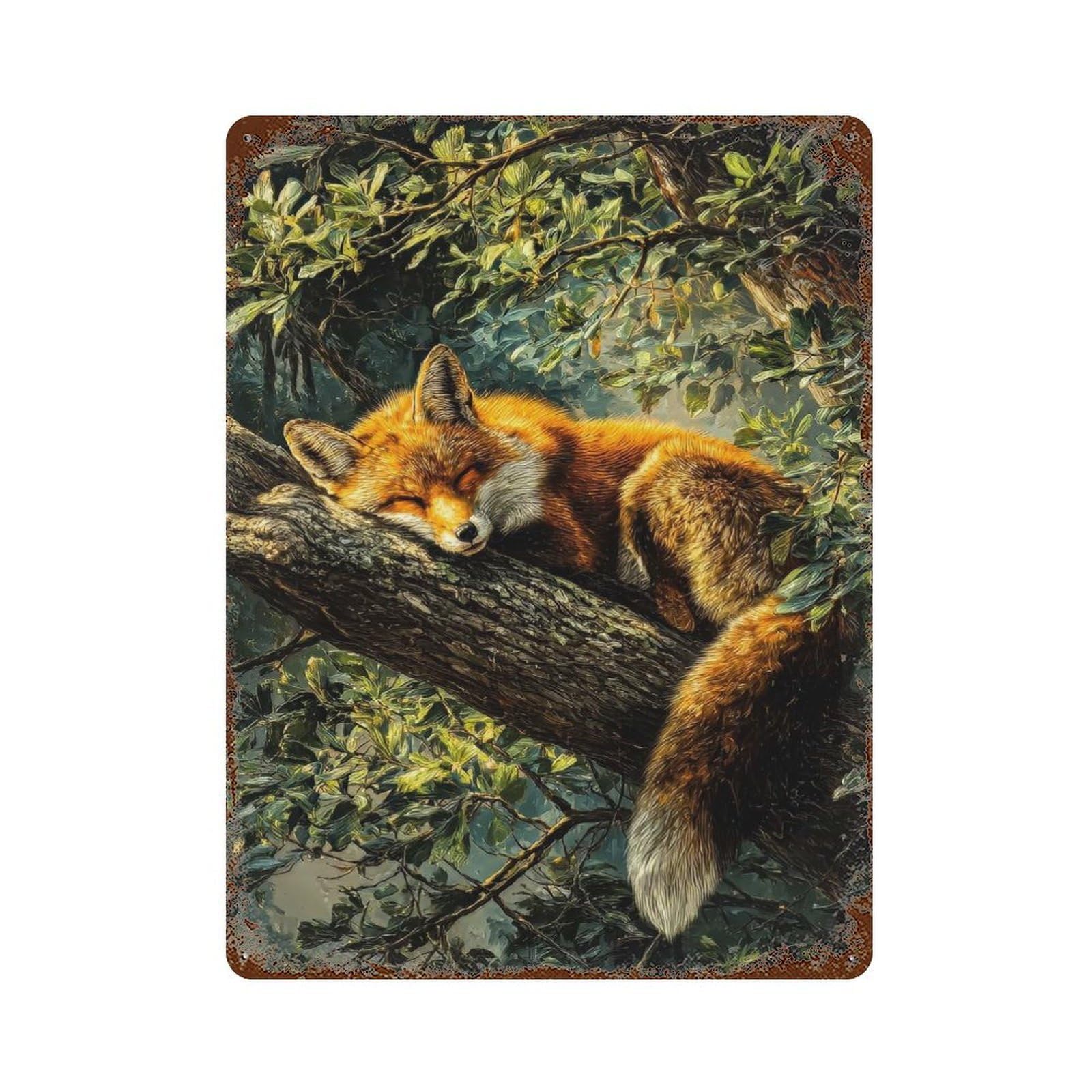 Rust Effect Sleeping Fox on A Tree Branch Rusty Metal Tin Sign 15.7"x11.8", Shabby Chic Decor for Garage, Bar And Workshop Decor