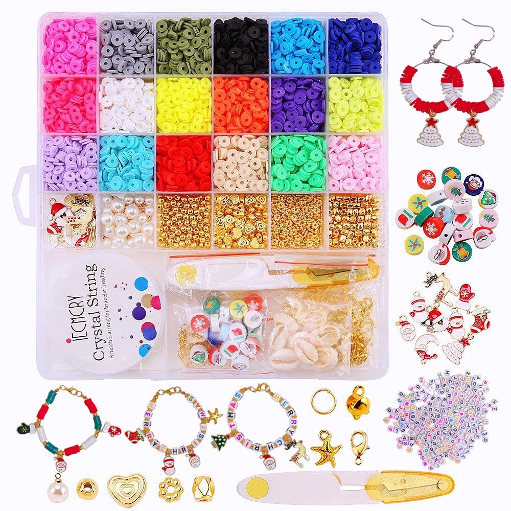 4299 Pcs Clay Beads Set, Missicee 18 Colors Flat Round Polymer Clay Spacer Beads Flat Clay Beads with 10Pcs Christmas Charms and 210Pcs Letter Beads for Jewelry Making Bracelets