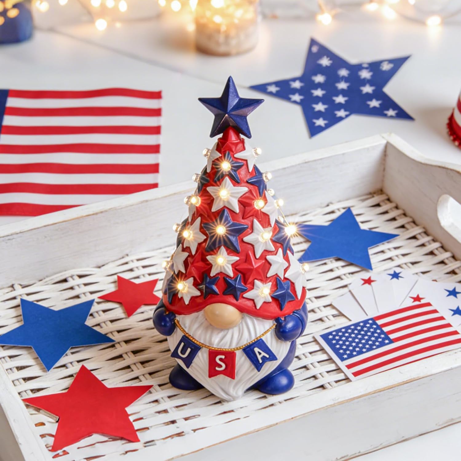 DN DECONATION 4th of July & Memorial Day Decorations with Lights, Patriotic Gnome Decor Lighted Red Blue Independence Day Tabletop Decor USA Resin Gnome with Stars Gifts for Table Tiered Tray