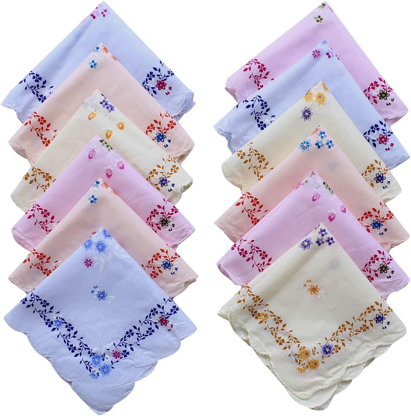 Kuber Industries Handkerchiefs|Leaf Print Cutwork Soft Cotton Hankies for Woman,Girls & Wicking Sweat from Hands,Face,Set of 12 (Multicolor)
