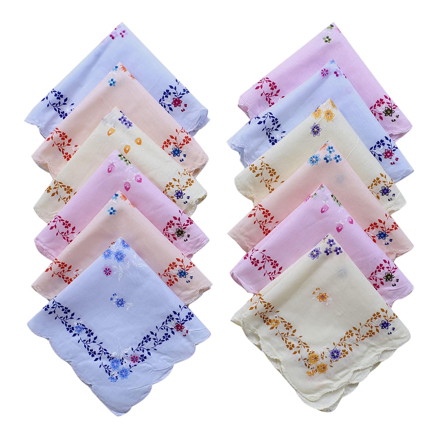 DIKHAWA 100% Cotton Women's Cut Work Border Light Colored Floral Handkerchiefs/Soft Cotton Hankies for Girls (30CM X 30CM)