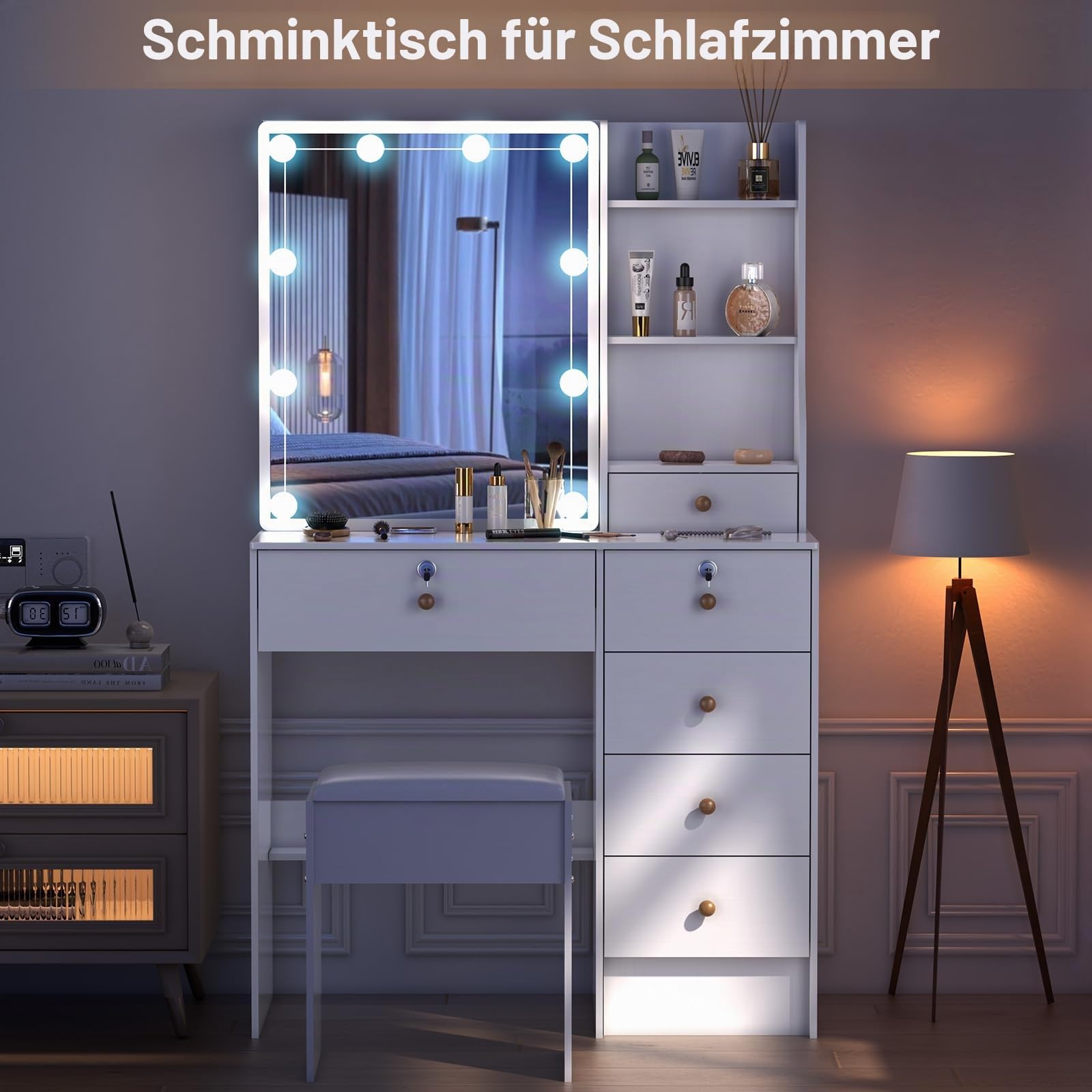 Schminktisch mit Beleuchtung und Hocker, Kosmetiktisch mit Spiegel 6 Schubladen & 6 Ablagen, Frisiertisch für Schlafzimmer 80x36x130cm FP06