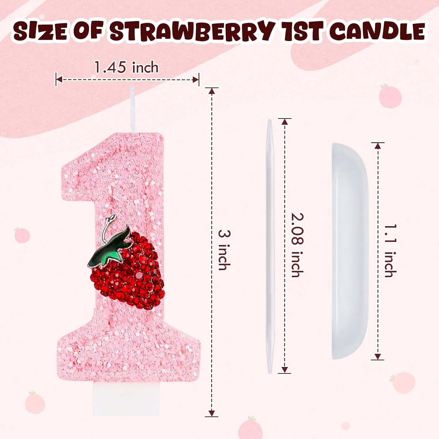 Strawberry Number 1 Candle Pink 1 Candle Berry One Glitter Cake Topper First Birthday Party Supplies for Girl's 1st Birthday Strawberry Theme Party Decoration