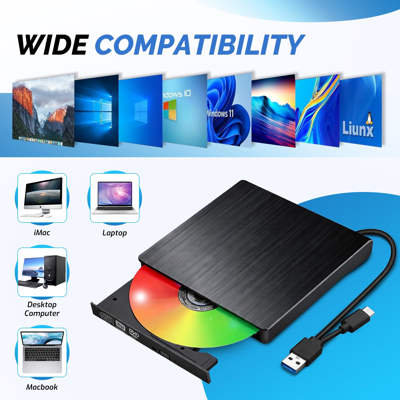 External CD DVD Drive for Laptop, Slim Portable Player CD DVD RW Writer Reader Burner, USB 3.0 and Type-C Optical, Compatible with Laptop Desktop PC Windows XP/7/8/10/11 Mac - 3