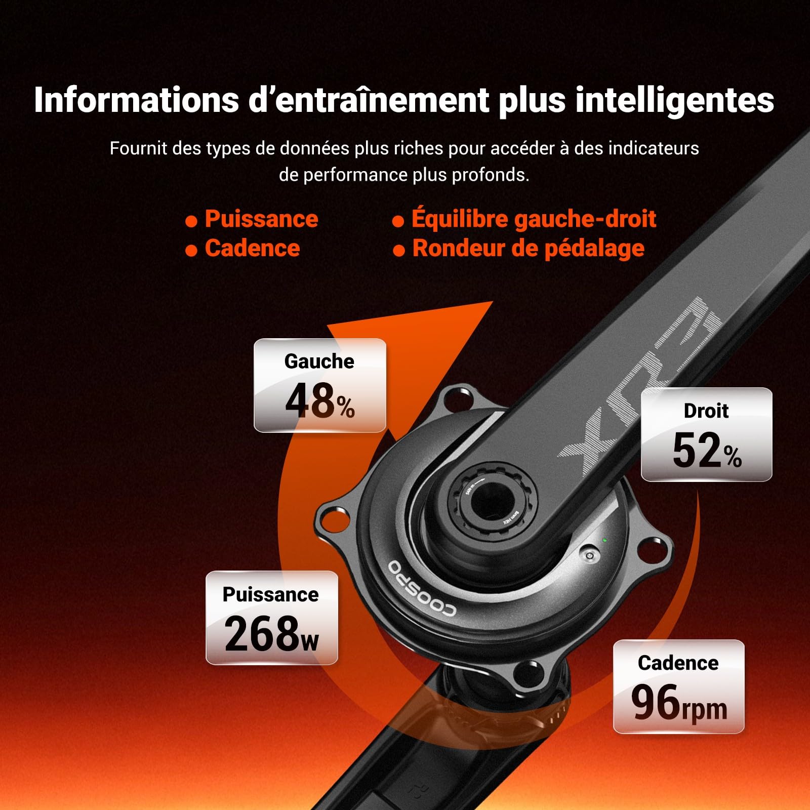 CooSpo Compteur de puissance S10, 160–172,5 mm, BLE/ANT+ pour Easton 110 BCD 4 boulons, précision ± 1 % de suivi des données, batterie 300 H pour cyclisme intérieur/extérieur
