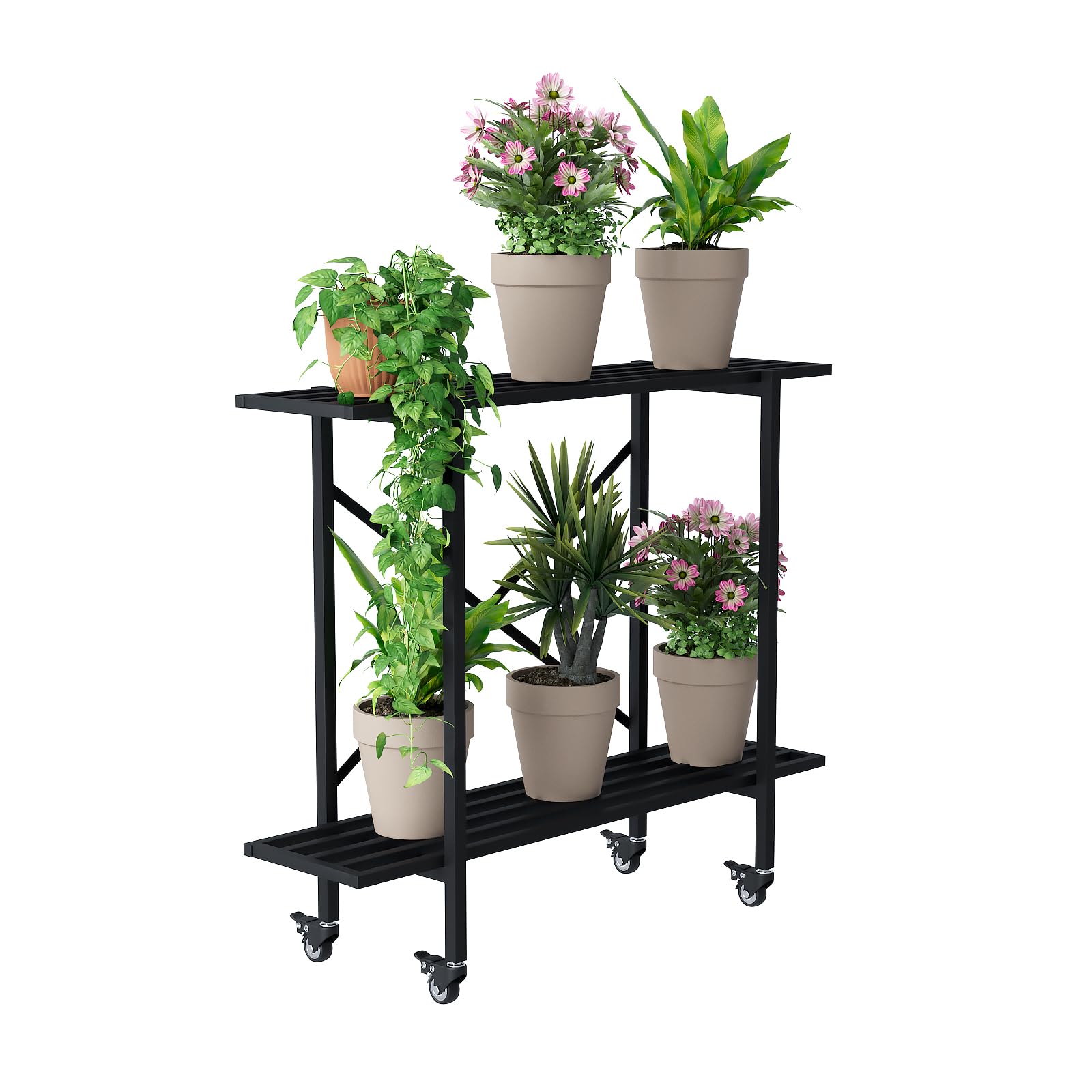 Zhongma 2 Tier Metal Sturdy Narrow Plant Stand with Wheels, Plant Stand Indoor and Outdoor, L35.43 x W10.3 x H29.9 inch, 440 LBS Capacity & Heavy Duty Construction.
