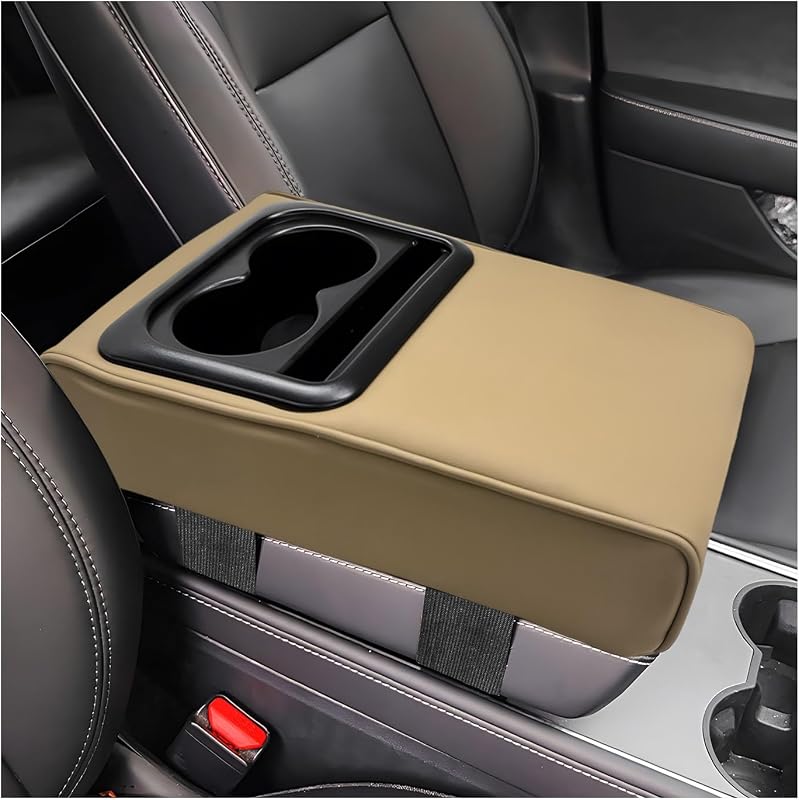 Almofada de apoio de braço para console central Suvnie com porta-copos e suporte para celular – Bege