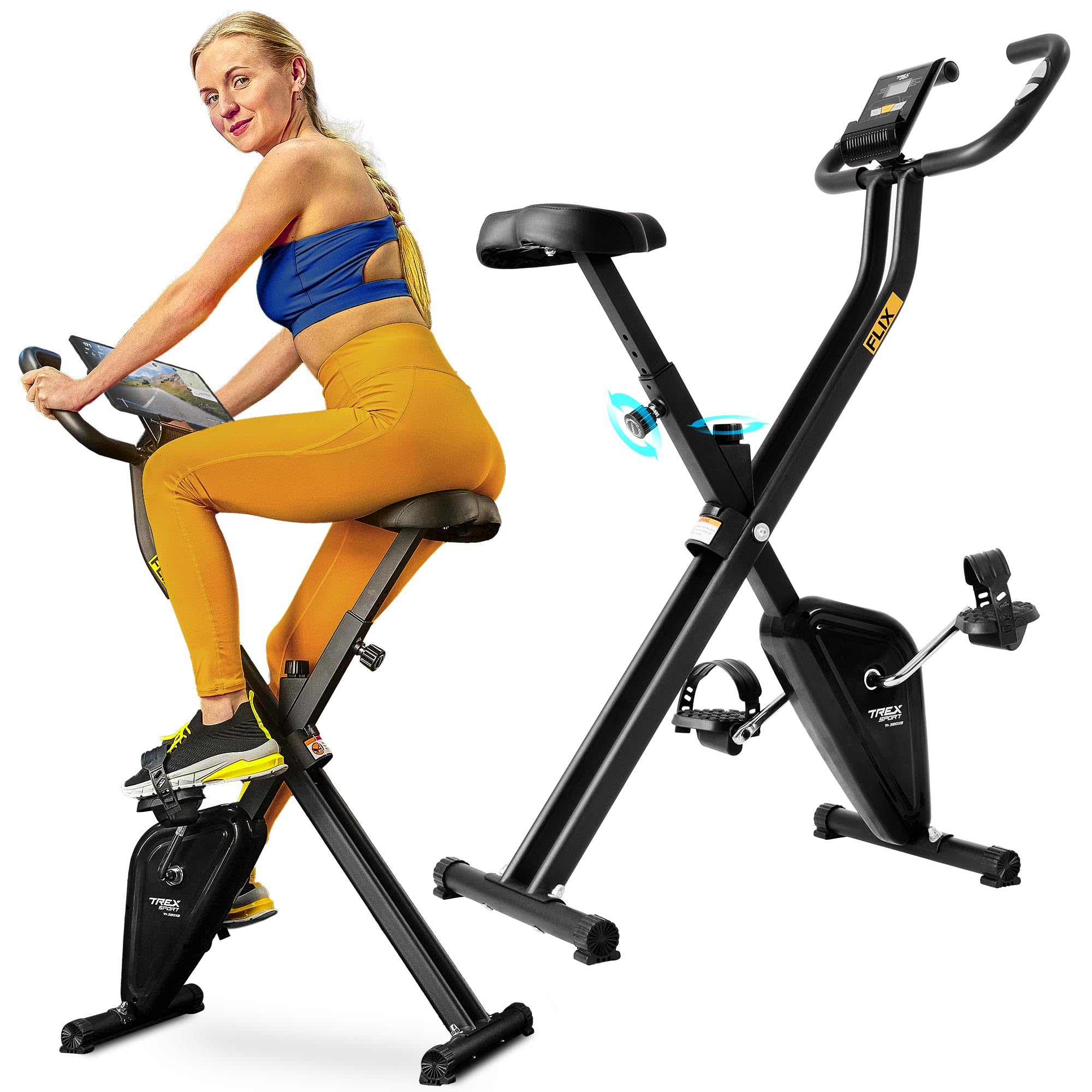TREX SPORT TX-320XB FLIX – klappbarer Heimtrainer mit Pulssensoren, 5 Sitzhöhen, 100 kg Belastbarkeit