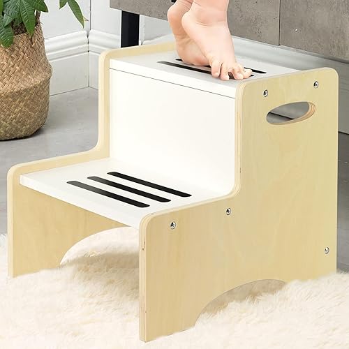 WOOD CITY Taburete para niños pequeños, taburete de madera natural blanco de dos pasos para niños con asas, almohadillas antideslizantes adicionales