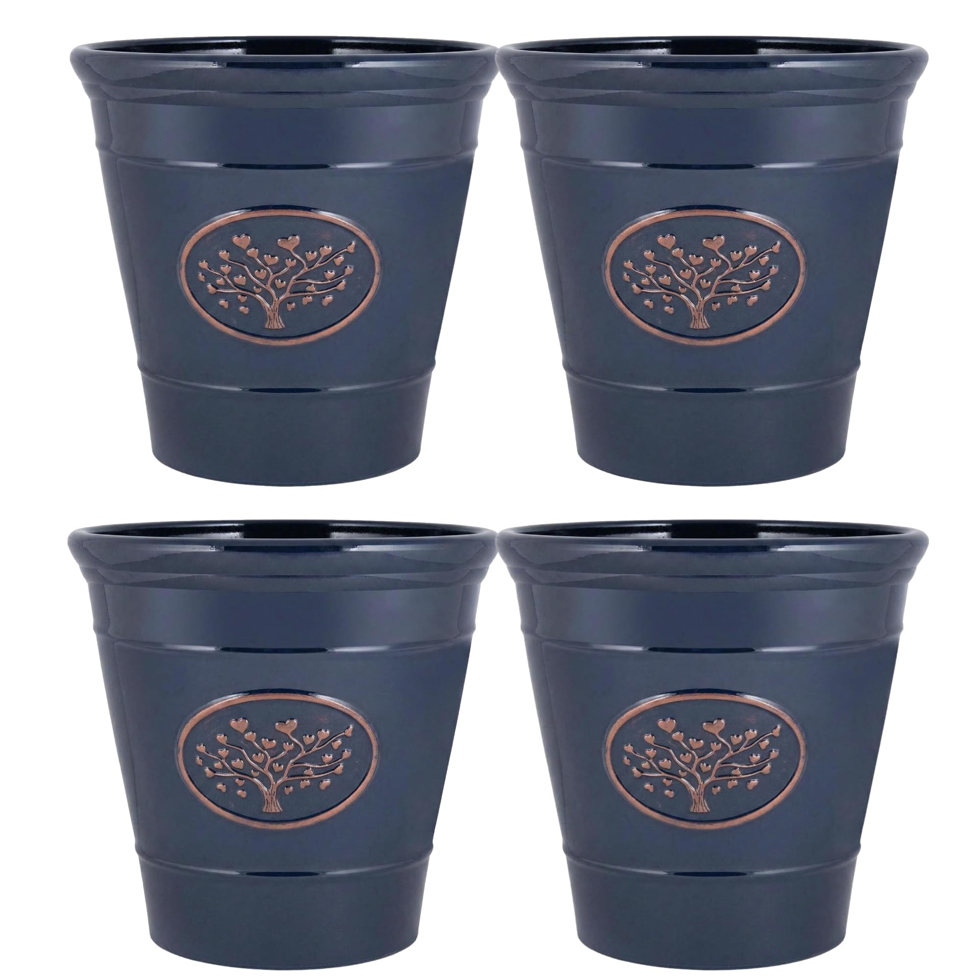 Fyne-Finds Olive Blue Round Plastic 30Cm,12Inch Plant Pot 14Liters Tree Of Life Embossed Garden Planter Weatherproof Drainage Holes (4)