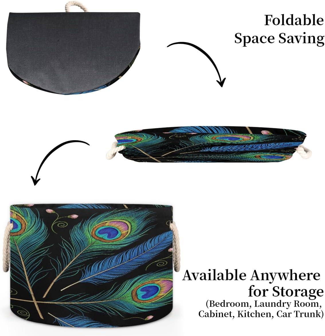 Large Storage Baskets Peacock Feather Nursery Round Collapsible Organizer Bin Box, Laundry Hamper for Kids Toys, Blanket, Bedroom Living Room Home Decor, Gift Basket, 19.4"x13.3"