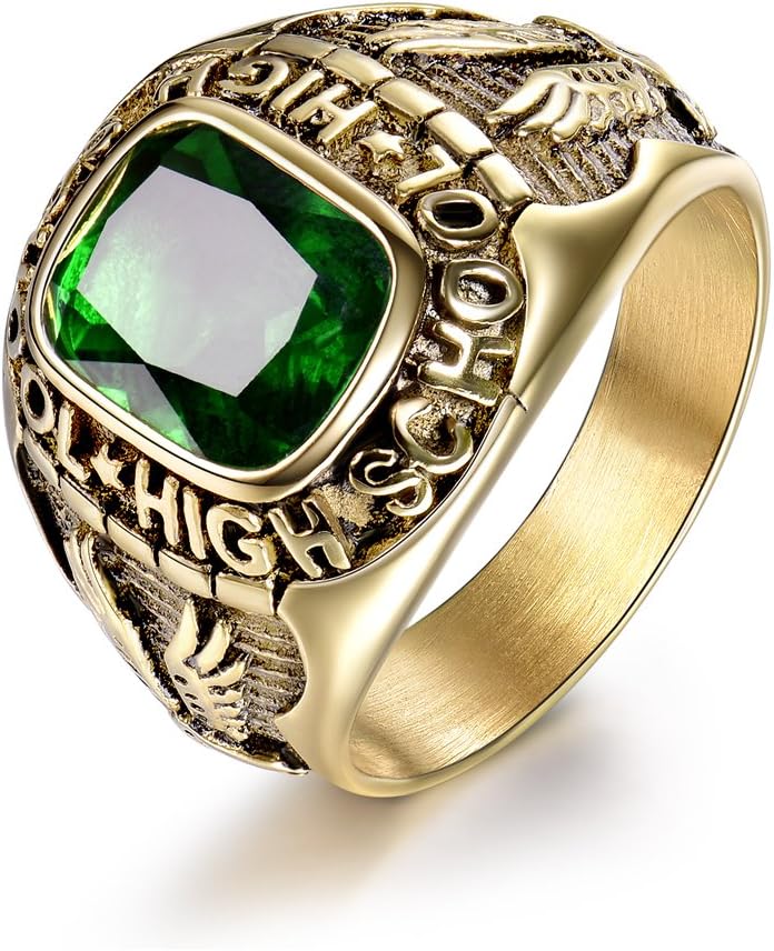 MASOPEmerald Color Green Stone Ring Stainless Steel Male Jewelry Eagle High School Rings Size 8-15