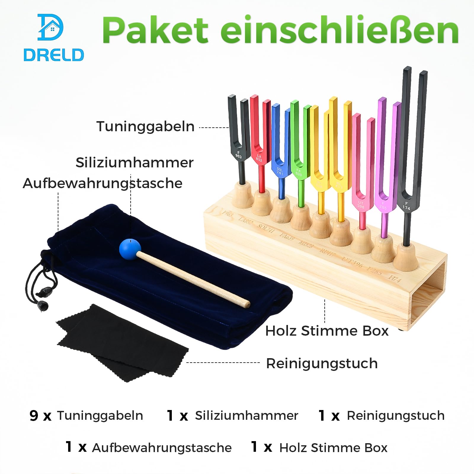 DRELD Buntes Solfeggio Stimmgabel Set mit Holzständer＋Hammer＋9 Stimmgabeln＋Tuch aus Aluminium für Heilmeditation Yoga Entspannung (174HZ, 285HZ, 396HZ, 417HZ, 528HZ, 639HZ, 741HZ, 852HZ, 963HZ)