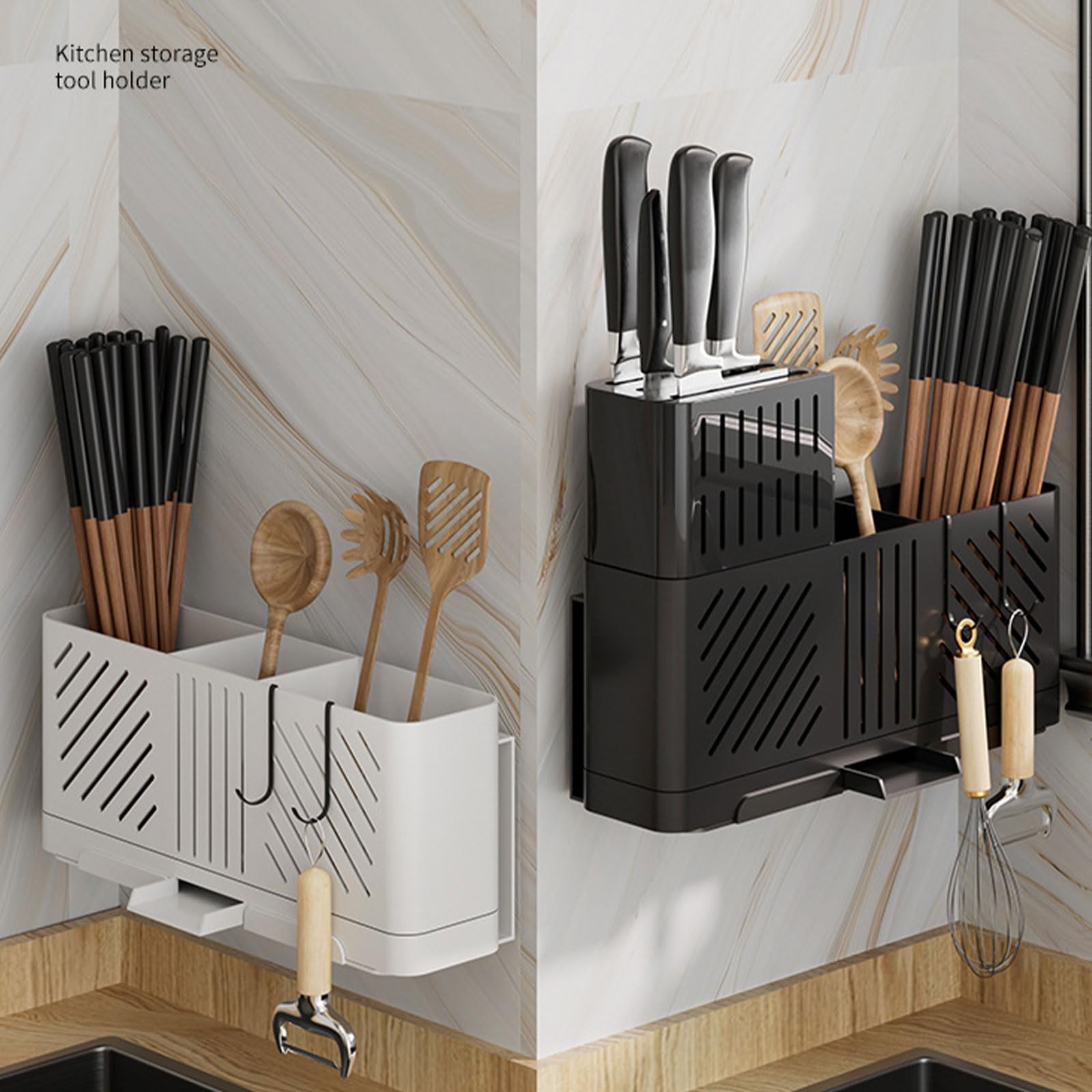 Soporte para utensilios de cocina con ganchos, escurridor de cubiertos y cucharas, organizador de encimera negro para cocina y comedor