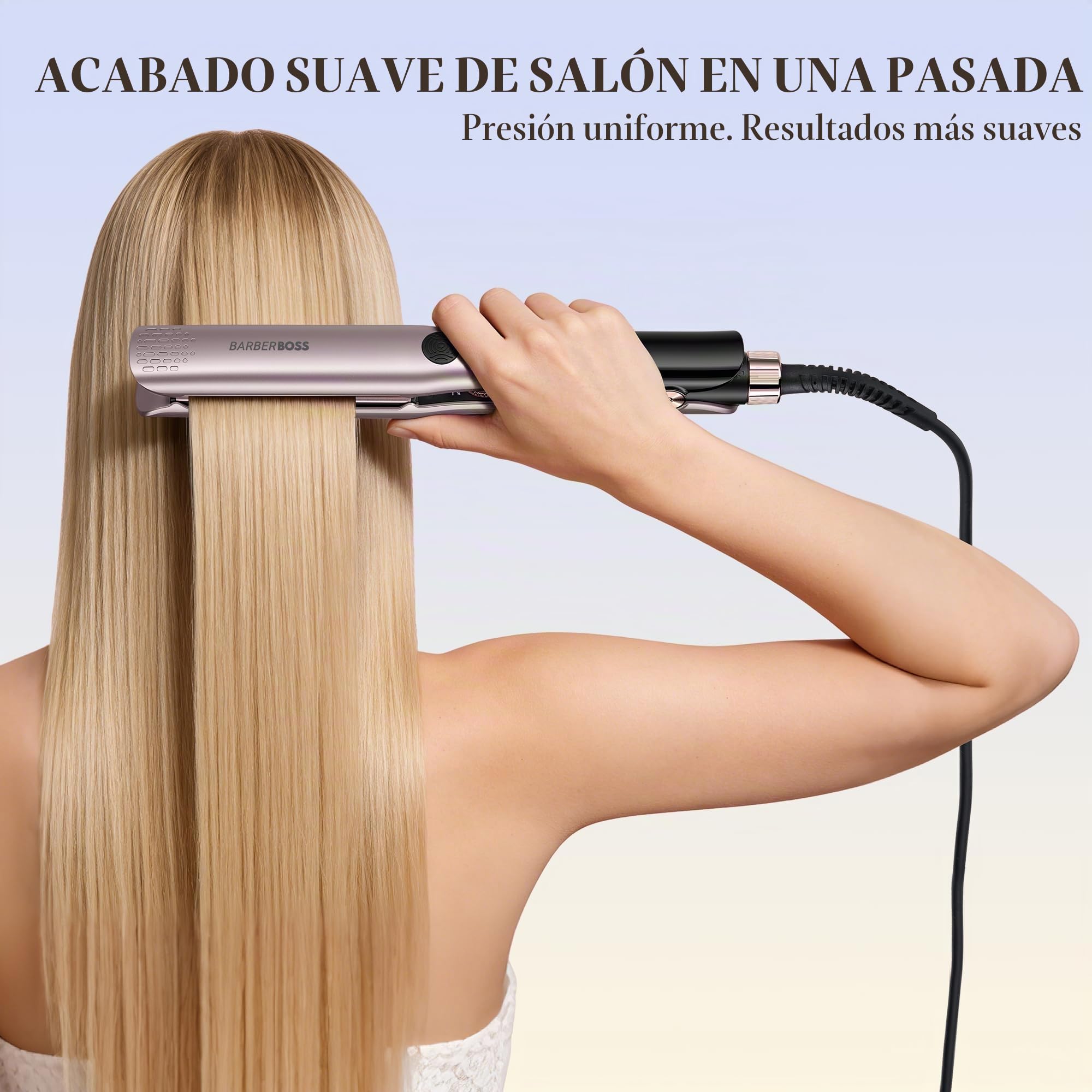 BarberBoss - Plancha de cerámica con placas flotantes, tratamiento iónico y queratina para todo tipo de cabello, pantalla LED de temperatura, plancha de pelo profesional (QR-8412, rosa)