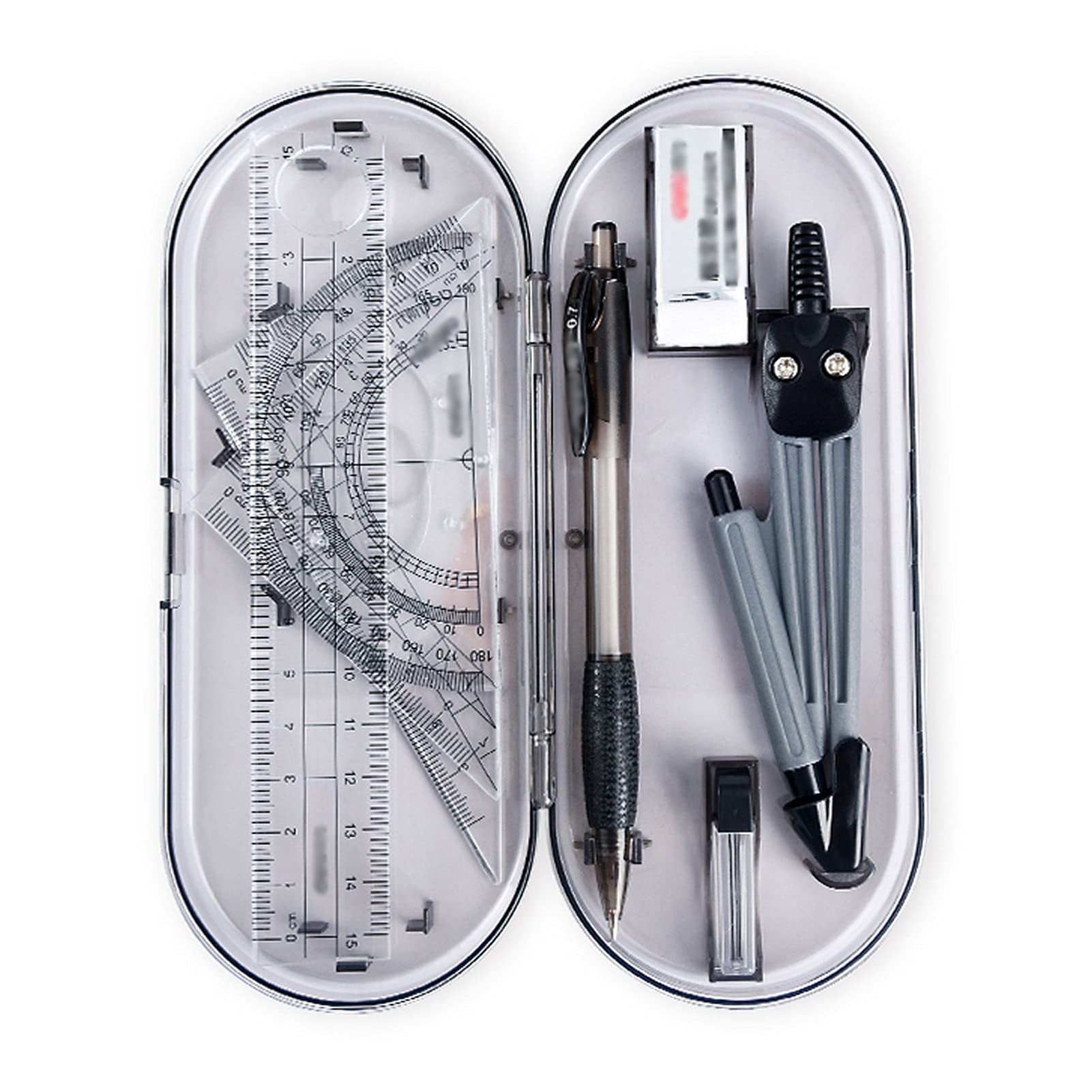 Mathe-Geometrie-Set, 8-teiliges Zirkel-Set, Kompass, Winkelmesser-Set, Mathe-Kompass mit Winkelmesser, Lineal, Stift für mathematische Geometrie, schwarzes Geometrie-Set