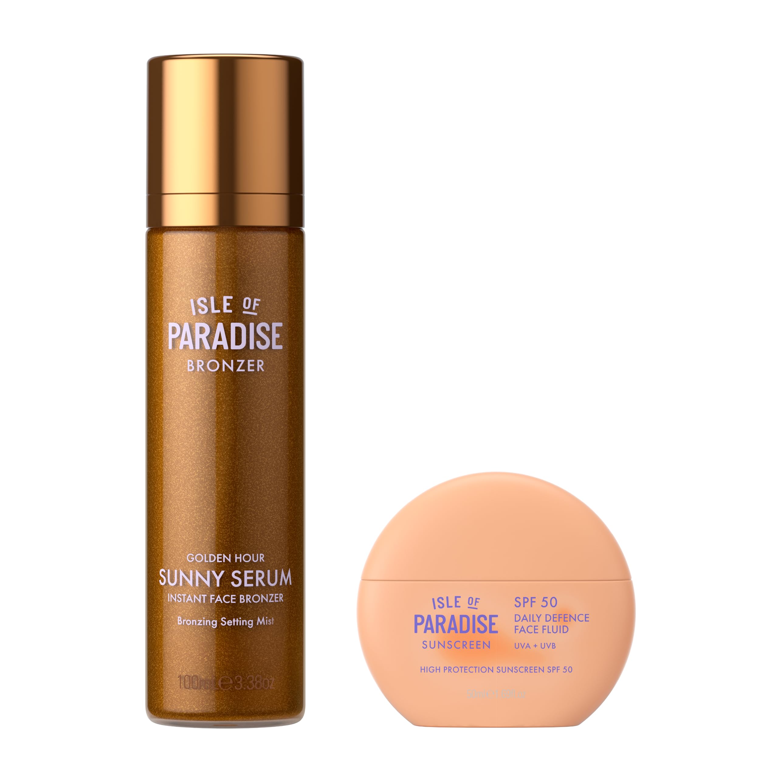 Isle of Paradise Prep & Set Bundle - SPF 50 Daily Defence Face Fluid + Sunny Serum Bronzing Setting Mist