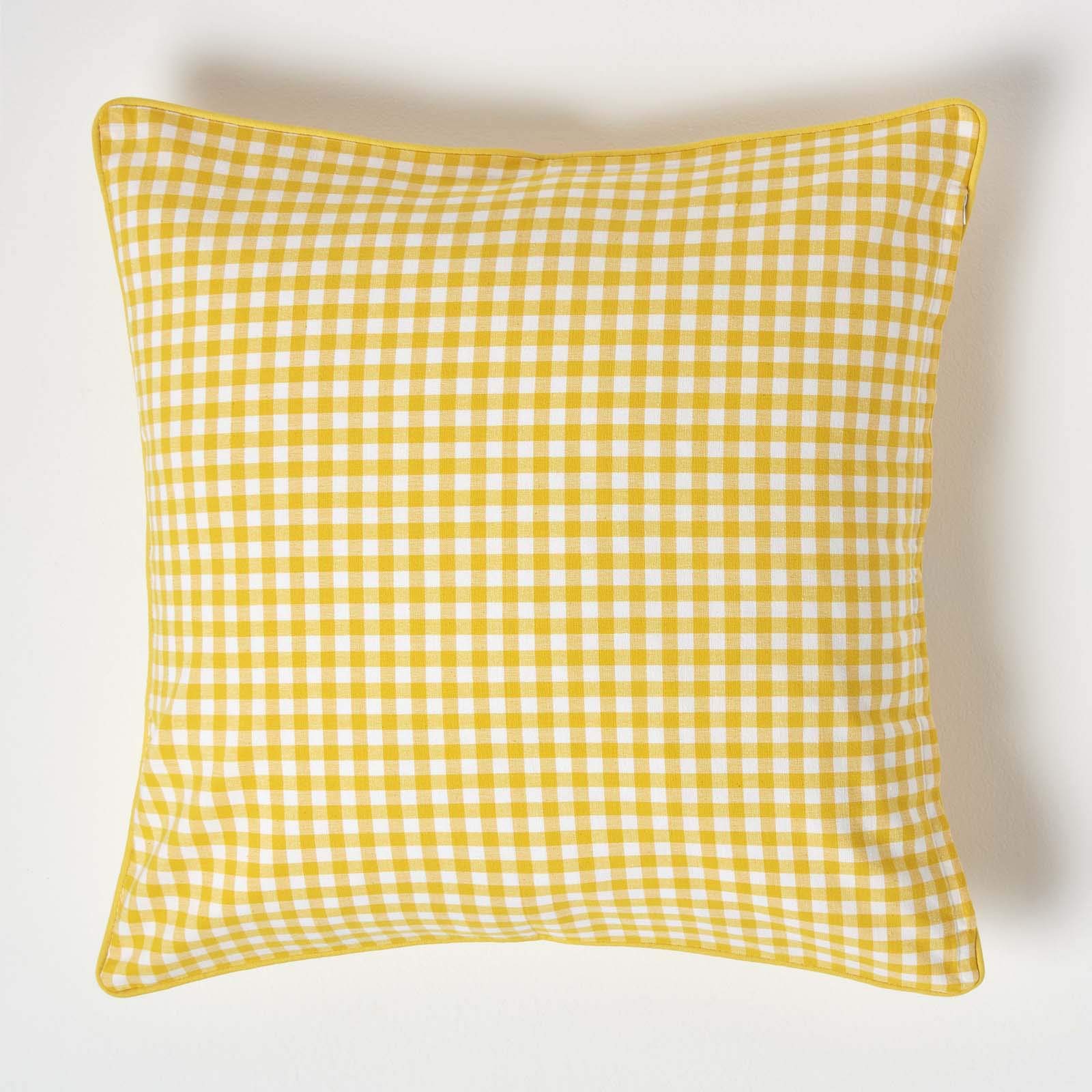 HOMESCAPES - 100% Cotton - Gingham Check - Large Cushion Cover - 60 x 60 cm Square - 24 x 24 Inches - Yellow White - 100% Cotton Sofa Pillow Cushion Cover - Washable