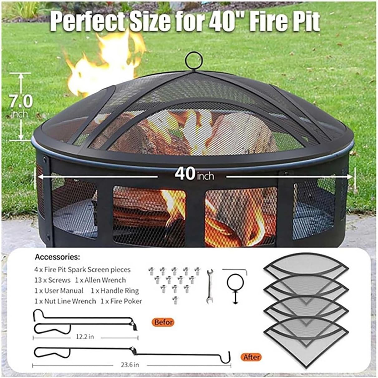 40-inch Heavy Duty Fire Pit Spark Protector | Rust-Proof Mesh Cover with 23.6-inch Fire Poker and Heat-Resistant Handle, Suitable for Outdoor Backyard Patios.