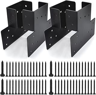 (4 Pack) Black T Shaped Post to Beam Connector Roof Tie Bracket, Adjustable Post Cap for 6 x 6(Actual 5.5"x5.5") Post, Steel Truss Header Hanger Support, Timber Joist Anchor Connector