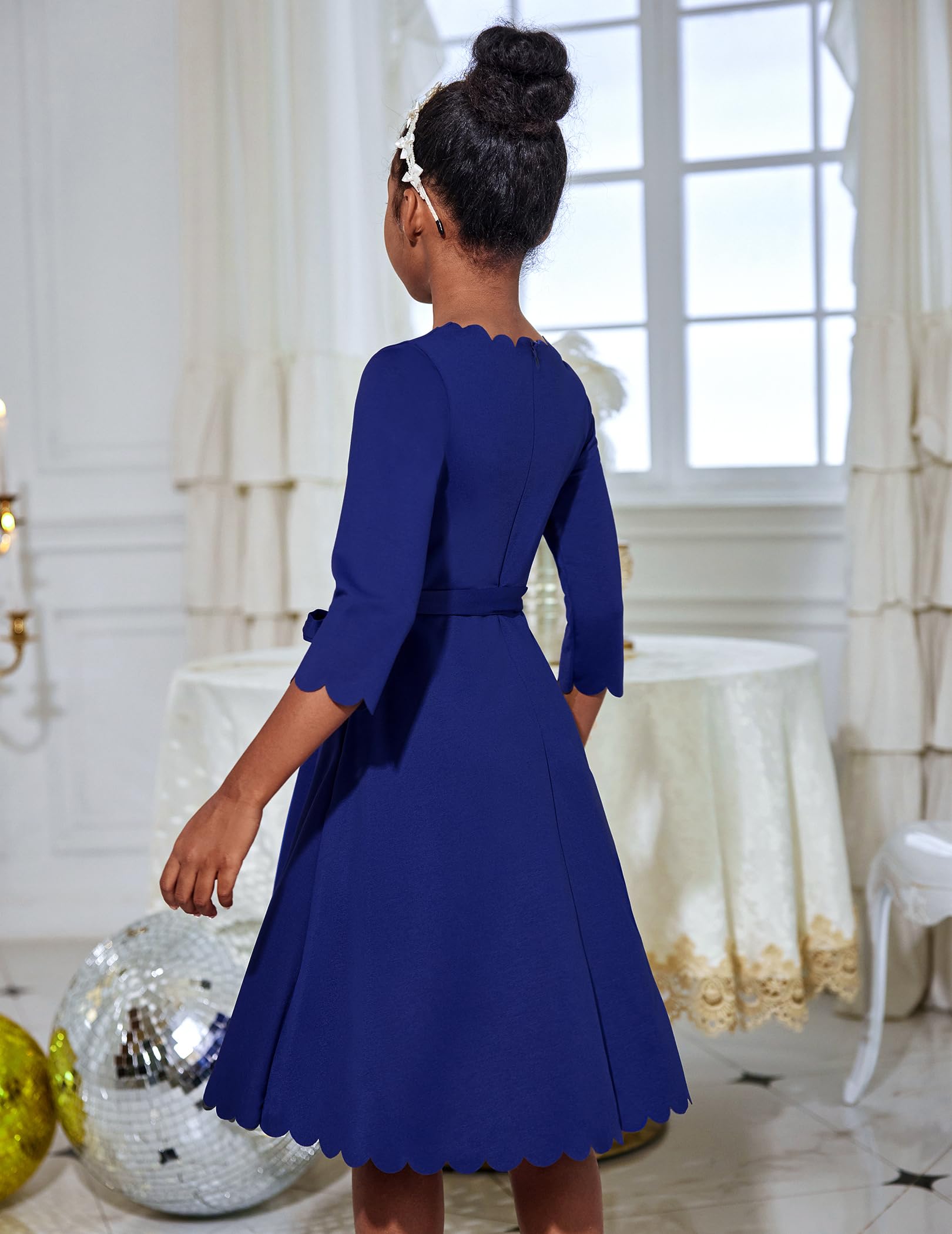Arshiner Dziewczęca sukienka na imprezę, sukienka jesienna, scallop trim belted A-line formalna sukienka z długim rękawem, odświętna sukienka midi z kieszeniami, dla dzieci w wieku 6-15 lat
