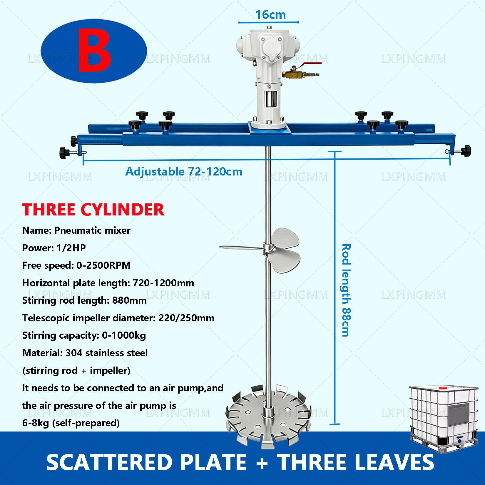 Agitador neumático IBC, Mezclador neumático para Tanque de 265 galones,Mezclador de Soporte para Pintura para soluciones de viscosidad Media y Alta B-3Cylinder