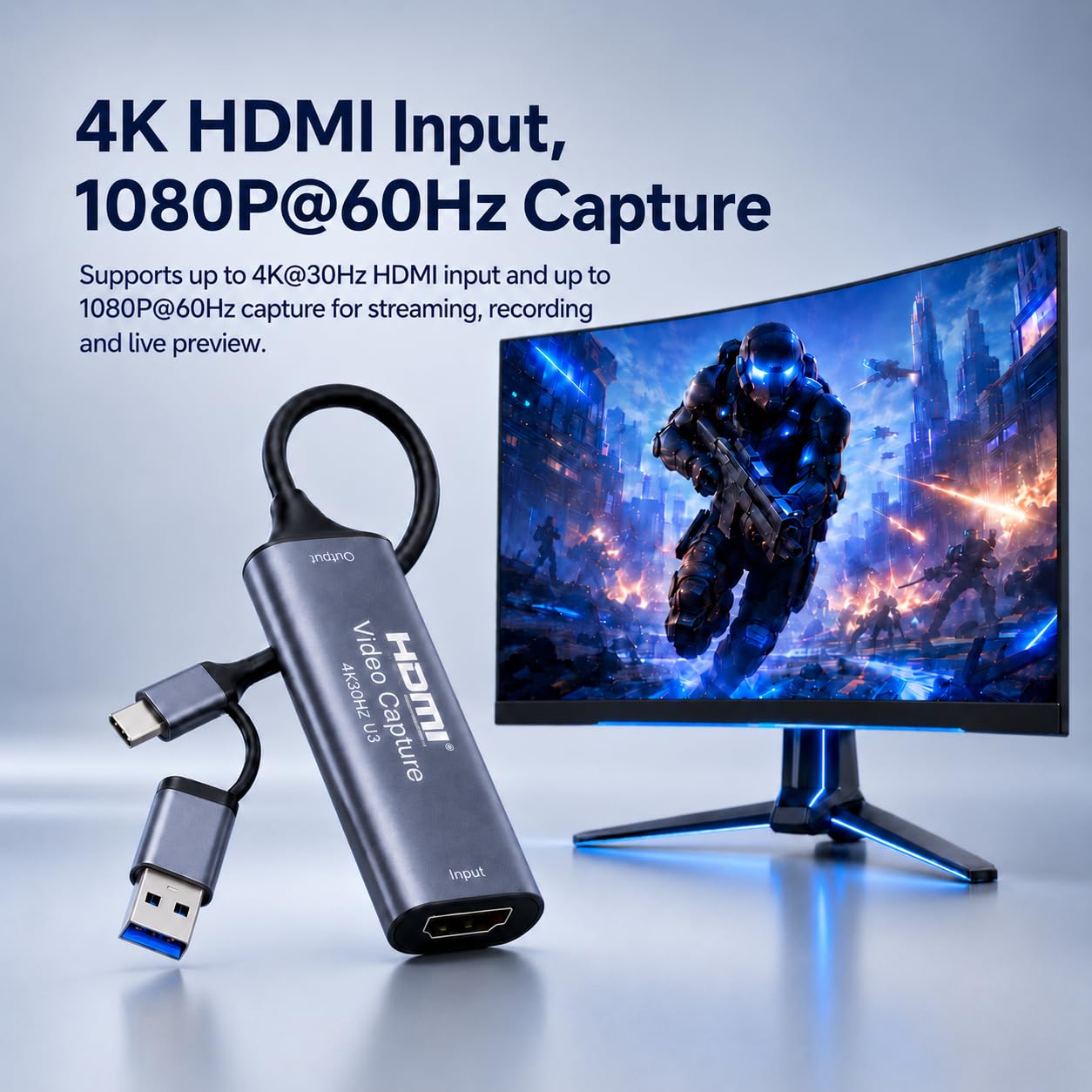 Tarjeta de captura de video HDMI, conectores duales USB-A y USB-C, entrada HDMI 4K a USB 3.0, captura de 1080P 60 FPS para grabación de transmisión de juegos, OBS/VLC, PS5 Switch Xbox Camera Windows