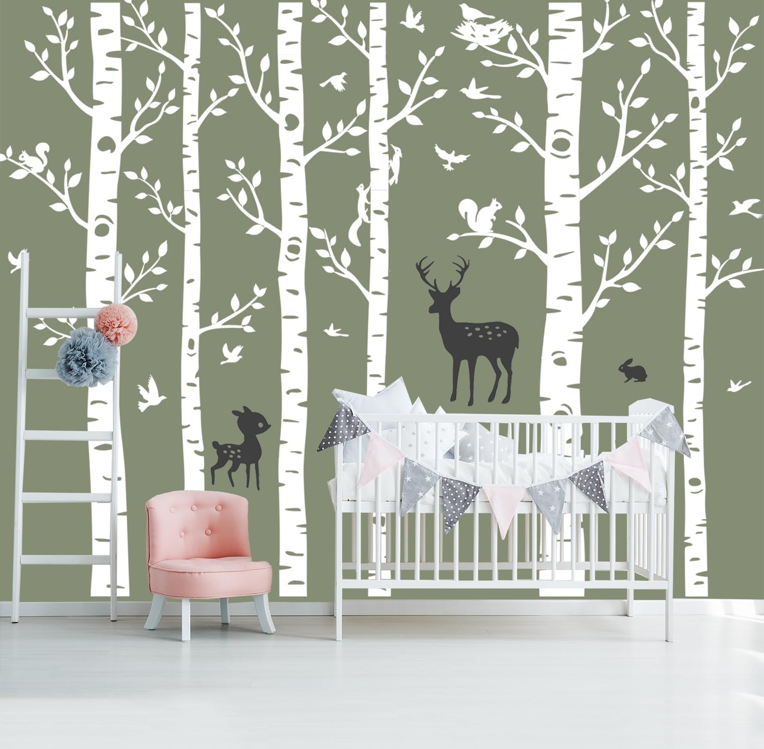 Forest Tree Wall Stickers Six Birch Tree Wall Decals Birds Cute Squirrel Deer Forest Wall Decals for Kids Room Nursery Bedroom Living Room Classroom Decoration (H=250cm/100inch) (White)
