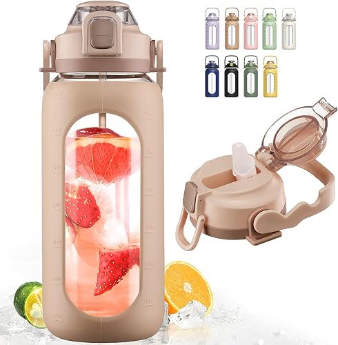 BLUEGO Botella de agua de vidrio de 64 onzas, botella de agua motivacional con marcador de tiempo y pajilla, botella de agua de boca ancha de medio