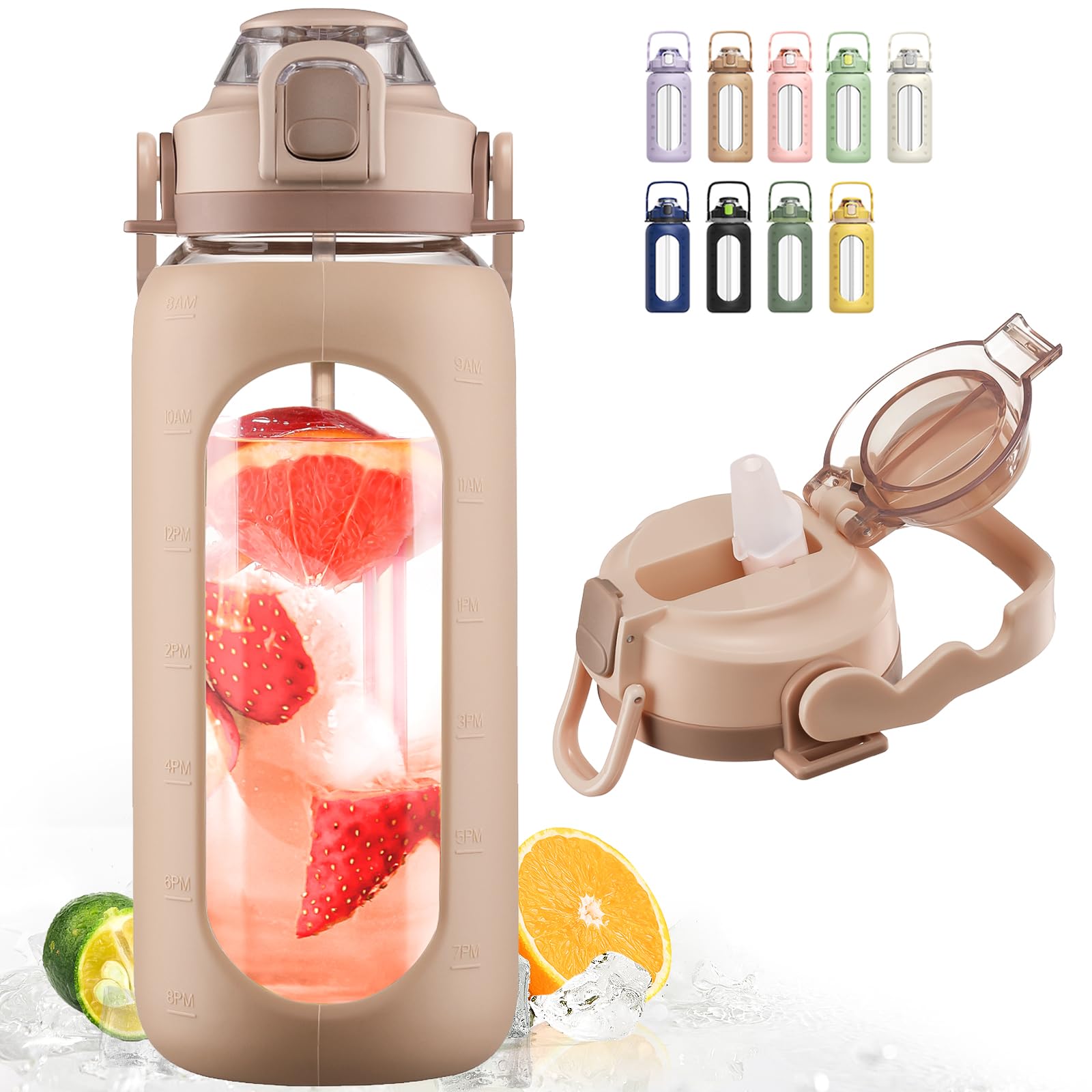 BLUEGO 64oz Glass Water Bottle Motivational Water Bottle with Time Marker and Straw Wide Mouth Half Gallon Water Bottle with Silicone Sleeve 2 Liter Large Glass Water Jug for Gym Amber