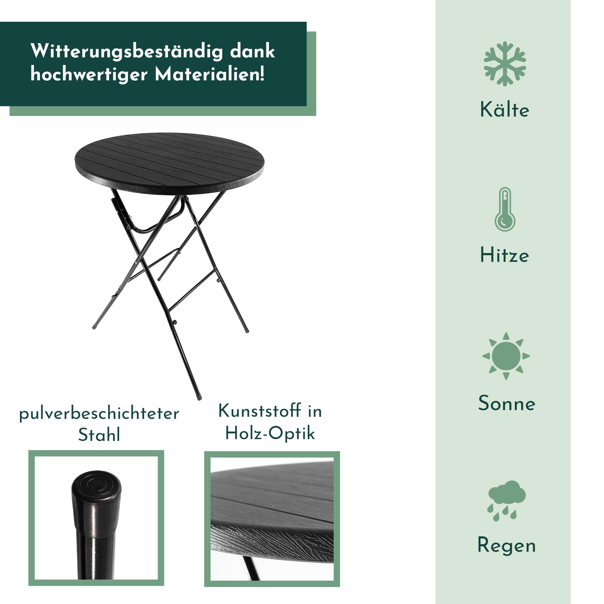 Lemodo Stehtisch klappbar 80 cm (Höhe 110 cm, bis 50 kg belastbar) schwarz Holz-Optik – mit Kunststoff-Tischplatte & Stahlgestell, abnehmbare Beine, platzsparend für Gartenparty, Hochzeit & Balkon