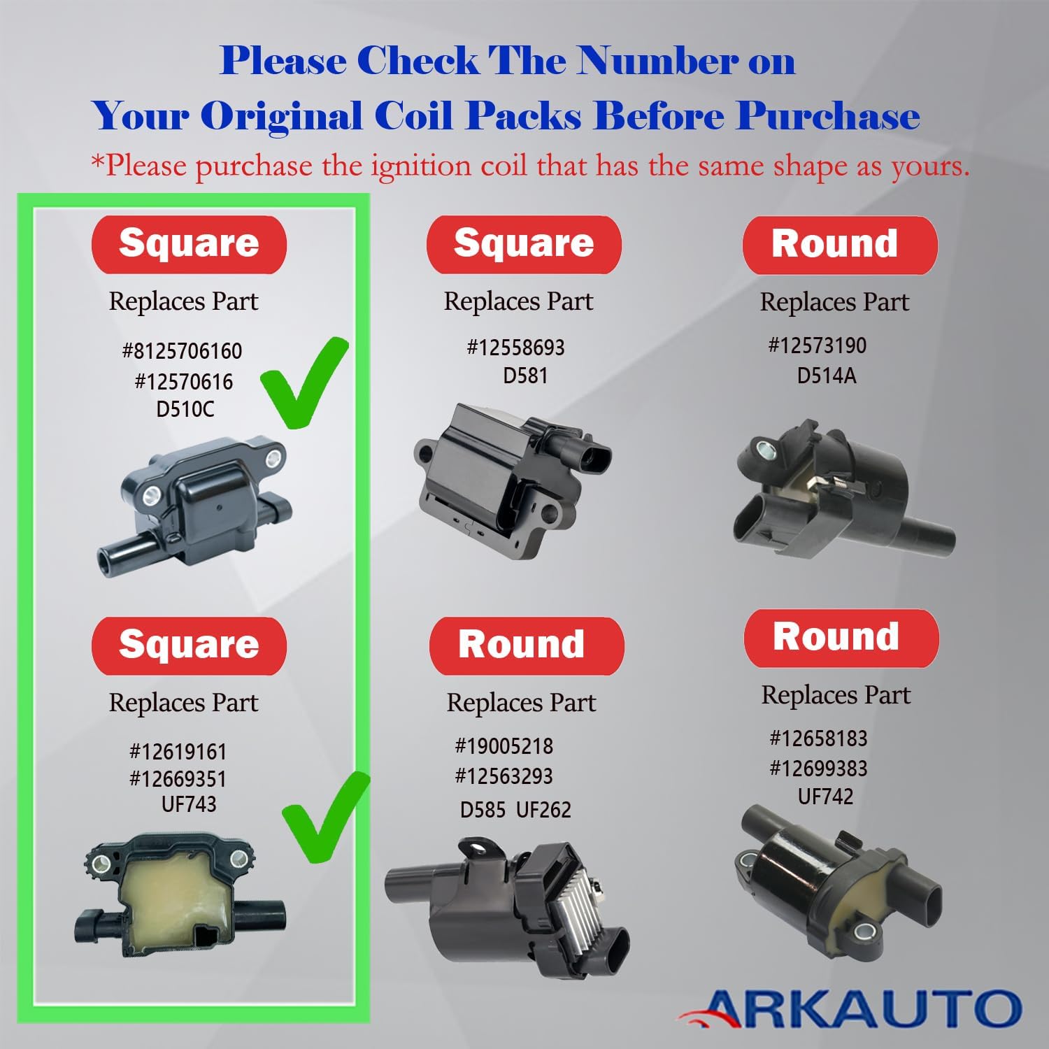 8PCS ARKAUTO IGNITION COIL ARK-IG743 UF413 UF743 12570616 12611424 12619161 12669351 FOR Cadillac Chevy GMC Pontiac G8 H3 Tahoe Yukon Silverado Savana Express Trailblazer Avalanche 5.3L 6.0L V8