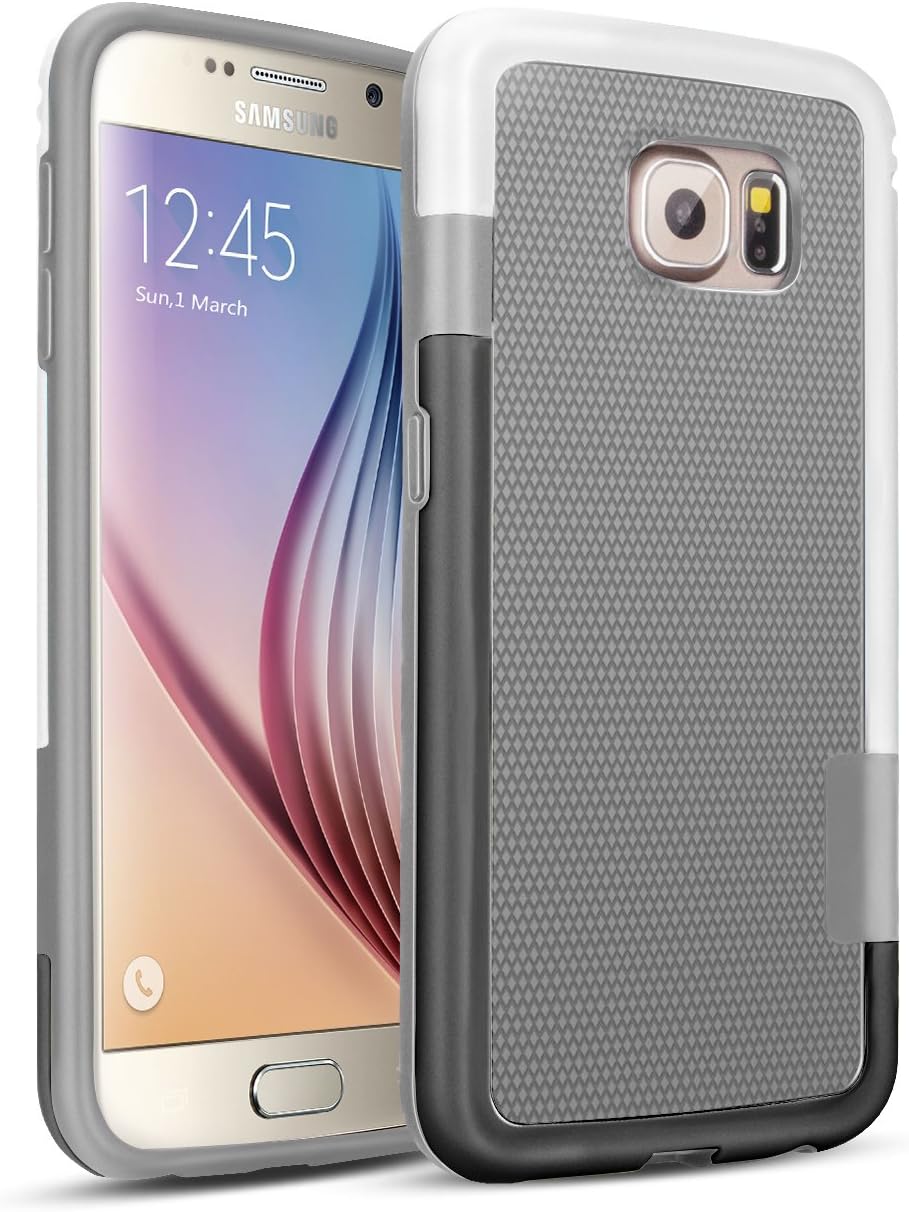 TILL for Galaxy S6 Case, TILL[TM] 3 Color Hybrid Dual Layer Shockproof Case Extra Front Raised Lip Soft TPU & Hard PC Bumper Protective Case Cover for Samsung Galaxy S6 G9200 GS6 [Gray/White/Black]