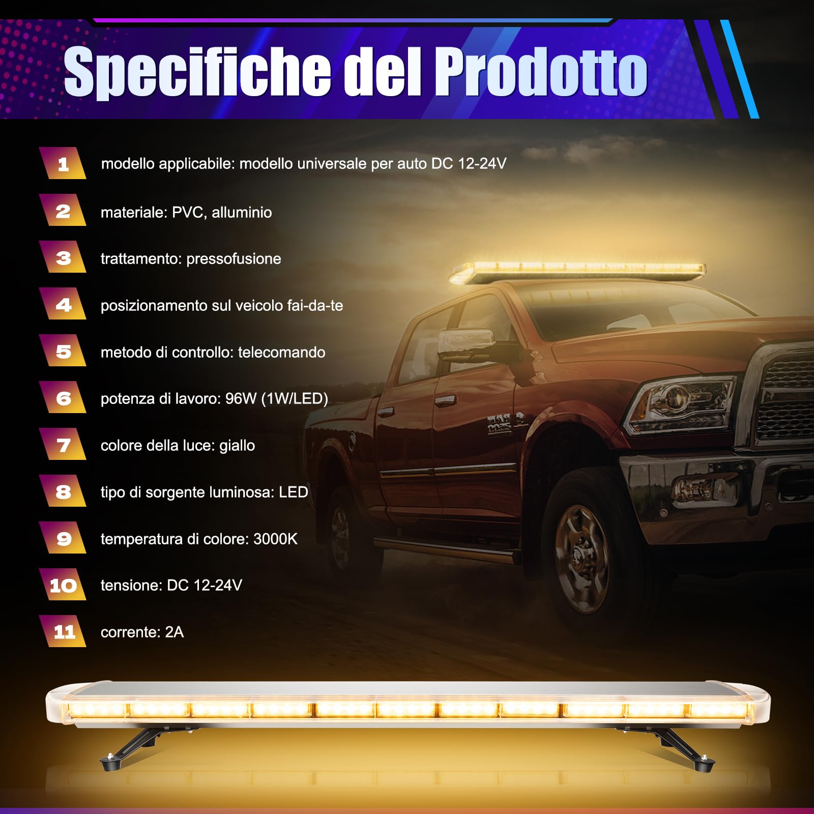Barra luminosa LED 130 cm, 96 LED, 3000 K, indicatore di direzione, emergenza, spazzaneve, striscia IP65 3,8 m